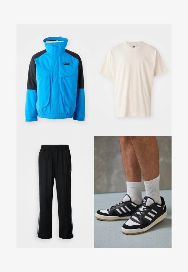 Casaco impermeável azul e preto com colarinho alto, dois bolsos frontais, punhos elásticos e bainha ajustável. Textura suave com detalhes em costura.; T-shirt de algodão creme com decote redondo e mangas curtas; apresenta um pequeno logotipo de cor clara no peito.; Calças atléticas pretas com um cós elástico, apresentando riscas brancas laterais e um pequeno logótipo. O material parece macio e leve.; Ténis em preto e branco com upper em camurça e couro, apresentando três riscas brancas, um toe perfurado e uma sola em borracha de goma.