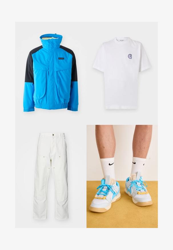 Blue and black waterproof jacket with high collar, two front pockets, elastic cuffs, and adjustable hem. Smooth texture with stitching details.; White cotton t-shirt with short sleeves, round neckline, and a small, embroidered blue "C" logo on the left chest area.; White cotton cargo pants with a relaxed fit. Features include front pockets, gold hardware accents, and reinforced knee sections.; Light blue sneakers with tan soles, featuring prominent turquoise laces and yellow accents. Textured materials and visible air cushioning.