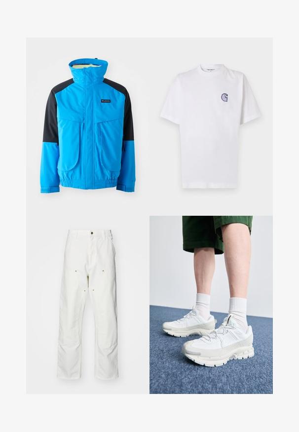 Blaue und schwarze wasserdichte Jacke mit hohem Kragen, zwei Fronttaschen, elastischen Bündchen und verstellbarem Saum. Glatte Textur mit Kontrastnähten.; Weißes Baumwoll-T-Shirt mit kurzen Ärmeln, rundem Halsausschnitt und einem kleinen, gestickten blauen "C"-Logo auf der linken Brustseite.; Weiße Baumwoll-Cargohose mit lockerer Passform. Zu den Merkmalen gehören Fronttaschen, goldfarbene Hardware-Akzente und verstärkte Kniebereiche.; Weiße Sportschuhe mit strukturierten Überzügen, einer dicken Sohle und grauen Akzenten. Tragen mit weißen Crew-Socken und grünen Shorts auf einer blauen Oberfläche.