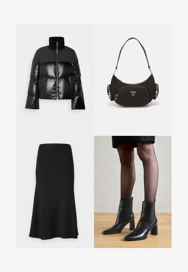 Marc O'Polo Daunenjacke - black; Königsblaues, geripptes Rollkragensweatshirt aus strukturiertem Stoff mit langen Ärmeln und umgeschlagenem Kragen, das ein schlankes Design aufweist.; Schwarz gerippter Strickrock mit taillierten Bund und weit auslaufendem Saum. Glatte Textur, knielanges Design mit gleichmäßig verteiltem Rippenmuster.; Schwarze Leder-Ankle-Boots mit spitzer Zehenform, klobigem quadratischem Absatz und schlankem Design. Verfügt über elastische seitliche Einsätze für leichtes An- und Ausziehen.; Schwarze Stoff-Schultertasche mit goldfarbener Hardware, ausgestattet mit einem Hauptreißverschlussfach und zwei kleineren Reißverschlussfächern an den Seiten.; Silberne Creolen mit minimalistischem Design. Rundform, glatte Oberfläche und dünnes Profil. Leichtgewichtig mit hochglänzender Oberfläche.
