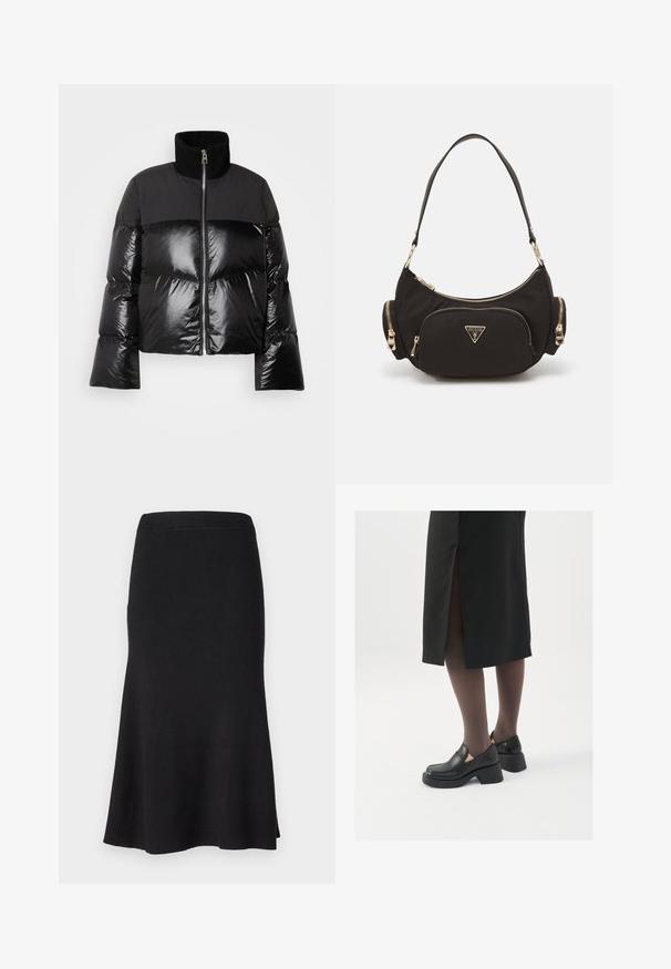 Marc O'Polo Down jacket - black; Royal blue ribbed turtleneck sweater made from textured fabric with long sleeves and a fold-over collar, featuring a slim fit design.; Black ribbed knit skirt with a fitted waist and flared hem. Smooth texture, knee-length design, featuring an evenly distributed rib pattern.; Black leather shoes with a rounded toe, thick block heel, and elastic side accents, paired with dark tights and a black skirt with a slit.; Black fabric shoulder bag with gold-tone hardware, featuring a main zip compartment and two smaller zip pockets on the sides.; Silver hoop earrings with a minimalist design. Circular shape, smooth texture, and thin profile. Lightweight with a polished finish.