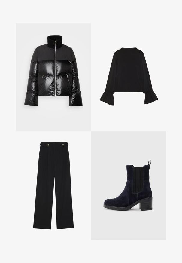 Marc O'Polo Sulejope - black; Mustsärgid musta tooniga, pika varrukaga, flöödid käised, pehme tekstuur ja vabalt langev lõige, lihtsa ümaraga kaelusega.; Mustad laiad püksid kõrge vöökoha ja nööpdetailidega vööandil, esikortsudega.; Tumedat siniset nahast sääre pooled saapad elastse külgpaneeliga, ümmarguse ninaga ja blokkninaga. Tekstuuriga kangas ja siledad tallad lisavad kontrasti.