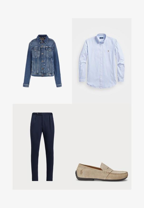 Chaqueta de denim azul con un diseño clásico, dos bolsillos frontales, cierre de botones y una textura ligeramente desgastada con acentos de costura de contraste.; Camisa de botón a rayas azul claro y blanca, con cuello clásico, mangas largas y un pequeño logo bordado en el pecho.; Pantalones ajustados azul marino con frontal plano, dos pliegues delanteros y un cierre de botón, con una tela suave y texturizada.; Mocasines de ante beige con detalle cosido, suela de goma plana y un pequeño logotipo en el lateral. Diseño clásico de slip-on, textura suave.