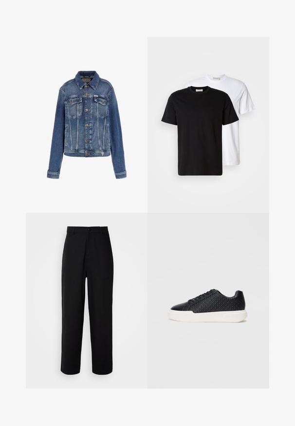 Modrá džínová bunda s klasickým dizajnom, dvoma prednými vreckami, gombíkovým zapínaním a mierne vyblednutou textúrou s kontrastnými švy.; Dve obyčajné bavlnené tričká, jedno čierne položené pred bielym, obe s krátkymi rukávmi a okrúhlymi výstrihmi.; Čierne nohavice vyrobené z hladkej tkaniny, s rovnými nohavicami, predným zapínaním na gombík a bočnými vreckami.; Čierne tenisky s geometrickou textúrou na boku, hladký špičkový kryt a biely gumový podrážka. Majú okrúhle šnúrky a nízky strih.