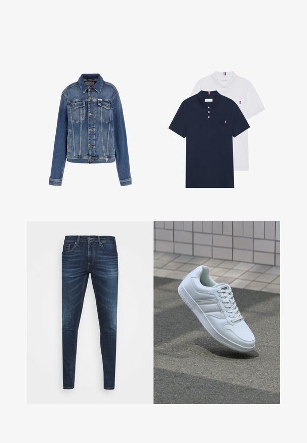 Sininen farkkutakki, jossa on klassinen muotoilu, kaksi etutaskua, napit ja hieman haalistunut pinta, jossa on kontrastiväriset ompeleet.; Kaksi polo-paitaa: yksi tummansininen ja yksi valkoinen, molemmissa pieni punainen, valkoinen ja sininen yksityiskohta rintataskussa ja kauluksessa.; Tummansiniset farkut, joissa on slim fit -leikkaus, hienovarainen haalistuma, viisi taskua ja metallinen napitus. Kontrastiväriset ompeleet.; Valkoiset urheilukengät, joissa on sileä nahkapinta, nauhakiinnitys edessä, rei'itetty kärki ja kuvioitu pohja. Minimalistinen muotoilu, jossa on kolme sivuraitaa.