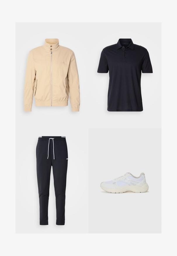 Beige bomber jacket with a high collar, front zipper, two side pockets, elastic cuffs, and a logo on the chest. Smooth, lightweight fabric.; Dark navy short-sleeve polo shirt with a collar and three-button placket, displayed on a plain light background.; Black slim-fit jogger pants with white drawstring, elastic waistband with white stripes, and small white logo on the upper thigh.; White athletic shoes made of mesh and suede, featuring a textured midsole, textured accents, and "HUGO" logo on the side.