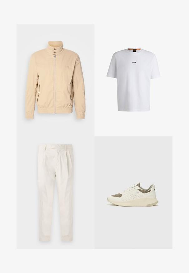 Beige bomber dzseki magas gallérral, elülső cipzárral, két oldalsó zsebbel, rugalmas mandzsettákkal és mellkason elhelyezett logóval. Simább, könnyű anyag.; Fehér pamut póló rövid ujjakkal, középen fekete "BOSS" logóval a mellkason és kerek nyakú kialakítással.; Fehér, pliszírozott nadrág, testre szabott szabással, sima felülettel, övhurkokkal és karcsú lábszárral. Nincs látható zseb vagy minta.; Fehér és világos bézs sportcipő, légies hálós felsőrésszel, perforált részletekkel és texturált középtalppal, amelyen a saroknál a márka logója található.