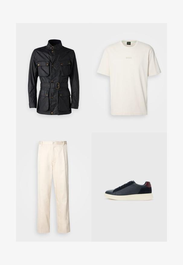 Casaco preto feito de tecido texturizado, com gola alta, quatro bolsos frontais, cintura com cinto e detalhes em metal dourado.; BOSS TEE - T-shirt básica - open white; Calças de algodão bege com corte reto, apresentando um fecho de botão e pregas na frente para um detalhe adicional.; Sapatilha baixa masculina em couro preto e camurça com aba de calcanhar em amarelo-escuro e sola de borracha branca, vista do lado exterior.