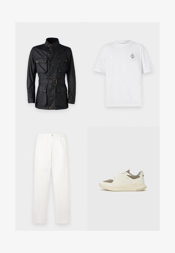 Crna jakna od teksturiranog materijala, s visokim ovratnikom, četiri prednja džepa, pojasem u struku i detaljima u zlatnoj boji.; Bijela pamučna majica s opuštenim krojem, s malim crnim grafičkim logotipom na lijevoj prečki. Kratki rukavi, okrugli izrez.; Bijele hlače izrađene od glatkog materijala, s ravnim krojem, prednjim nabora i jednim gumbom za zatvaranje u struku.; Bijele i svijetlosmeđe sportske tenisice, sa mrežastim gornjim dijelom, perforiranim detaljima i teksturiranim međutrakom sa brendom na peti.
