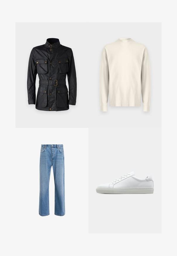 Čierna bunda vyrobená z textúrovanej tkaniny, s vysokým golierom, štyrmi prednými vreckami, opaskom v oblasti pásu a zlatými kovovými akcentmi.; Dlhý rukáv, polo-výstrihová košeľa vo svetlej krémovej bavlne. Hladká textúra, voľný strih, minimalistický dizajn, žiadne viditeľné vzory ani akcenty.; Svetlo modré denimové džínsy so strihom rovného nohu, päť vreciek, zapínanie na gombík, minimálne vyblednutie a kontrastné švy.; Biele tenisky s hladkým koženým zvrškom a nízkym profilom. Majú zaoblenú špičku, šesť očiek a štruktúrovanú gumovú podrážku.