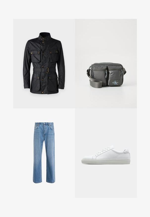 Melnā jaka no teksturēta auduma, ar augstu apkakli, četriem priekšējiem kabatām, jostu vidukļa daļā un zelta toņa aksesuāriem.; Gaišu krēmu krāsas kokvilnas krekls ar garām piedurknēm un augstu apkakli. Līdzena tekstūra, brīva piegriezuma, minimālistisks dizains, nav redzamu rakstu vai akcentu.; Gai zilas džinsu bikses ar taisnām kājām, piecām kabatām, pogu aizvēršanu, minimālu izbalēšanu un kontrastējošiem šuvju elementiem.; Baltie sporta apavi ar gludu ādas virsu un zemu profilu. Iezīmējas ar noapaļotu purngalu, sešām acīm un teksturētu gumijas zoli.; Pelēka neilona plecu soma ar divām rāvējslēdzēja priekšējām kabatām, regulējamu siksnu un logo akcentu. Gluda tekstūra ar mūsdienīgu dizainu.