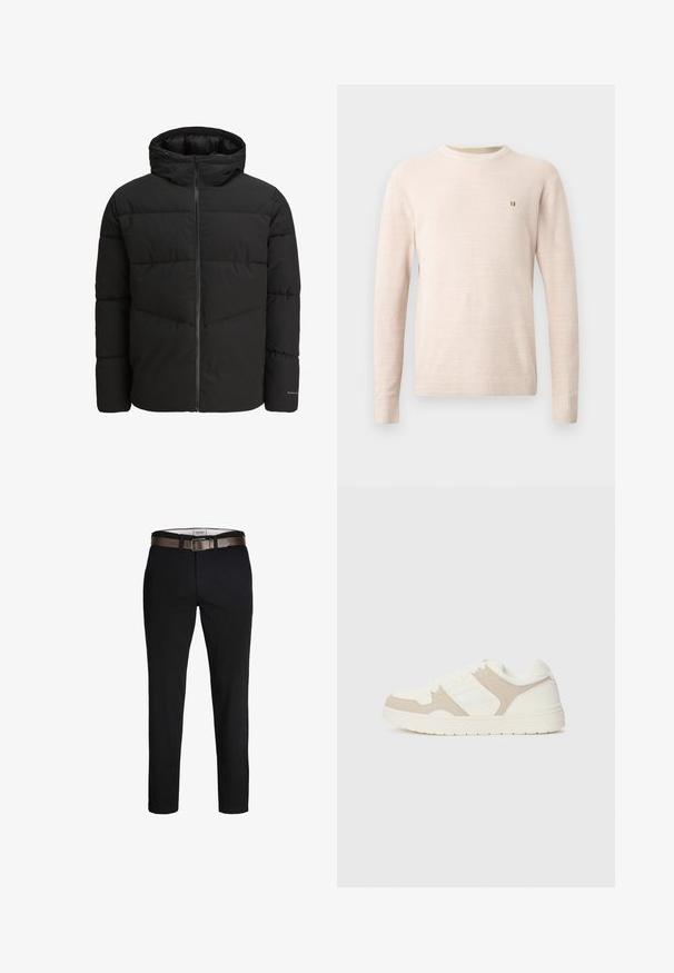 Czarna kurtka puchowa z zamkiem z przodu, przymocowanym kapturem, pikowanym wzorem i elastycznymi mankietami. Zawiera subtelne logo na rękawie.; Beżowy sweter robiony na szydełku z długim rękawem, okrągłym dekoltem i małym brązowym haftowanym logo po lewej stronie klatki piersiowej, prezentowany na jednolitym tle.; Czarne bawełniane spodnie o prostym kroju, z brązowym skórzanym paskiem i gładką fakturą. Prosty design, bez widocznych wzorów czy akcentów.; Białe i beżowe sneakersy z połączeniem gładkich i zamszowych faktur, okrągłym noskiem, sznurowanym zapięciem oraz płaską gumową podeszwą.