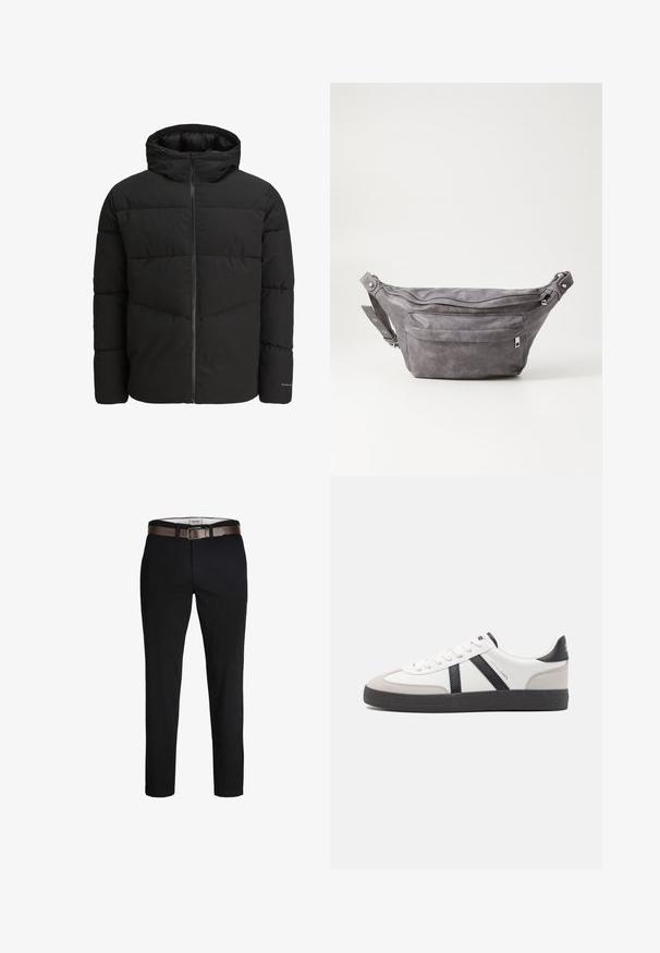 Sort puffjakke med lynlås foran, fast hætte, quiltet design og elastiske manchetter. Har et diskret logo på ærmet.; Beige langærmet strikket sweater med rund hals og lille brun broderet logo på venstre bryst, præsenteret på en ensfarvet baggrund.; Sorte bomuldsbukser med lige pasform, der har et brunt læderbælte og en glat tekstur. Simpel design uden synlige mønstre eller accenter.; Hvide sneakers med sorte og grå detaljer, med en tekstureret grå tåhætte, sort gummisål og flade hvide snørebånd. Rent design, minimalistisk stil.; Grå suedefanny pack med en rund form, to lynlåslommer og justerbart strop. Har metalhardware detaljer.