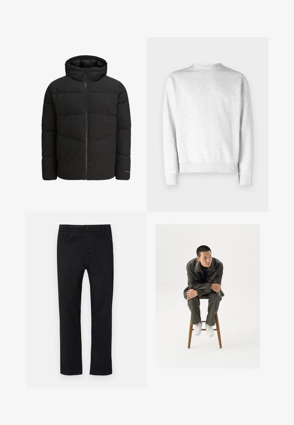 Μαύρο μπουφάν με φερμουάρ μπροστά, προσαρτημένη κουκούλα, πλεκτό σχέδιο και ελαστικές μανσέτες. Διαθέτει ένα διακριτικό λογότυπο στο μανίκι.; Ανοιχτό γκρι φούτερ με λαιμόκοψη, κατασκευασμένο από μαλακό υλικό φλις, με ριμπ μανσέτες και στρίφωμα, και λεία υφή.; Μαύρο παντελόνι από λεία ύφανση, με επίπεδο μπροστινό μέρος, κανονική μέση με θηλιές ζώνης και ίσια πόδια. Κλασικός σχεδιασμός χωρίς μοτίβα.; Καφέ δερμάτινο μπουφάν με φαρδύ γιακά, σε συνδυασμό με σκούρο πράσινο τζιν και λευκά αθλητικά παπούτσια. Το μοντέλο κάθεται σε μια ξύλινη σκάλα.