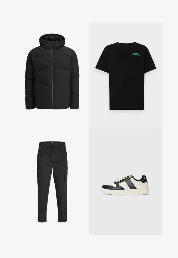 Fekete puffermellény, elülső cipzárral, hozzákapcsolt kapucnival, steppelt dizájnnal és rugalmas mandzsettákkal. Az ujjon diszkrét logó található.; Fekete, pamutból készült póló rövid ujjakkal. Elöl zöld "ROOTS" logóval, kerek nyakkivágással és normál szabással.; Fekete cargo nadrág, amely tartós anyagból készült, több zsebet tartalmaz, gombos záródással rendelkezik, és karcsú szabású, szűkített lábakkal bír.; Fekete és krém színű bőrsneaker, perforált díszítésekkel, párnázott bokapánttal és texturált talppal.