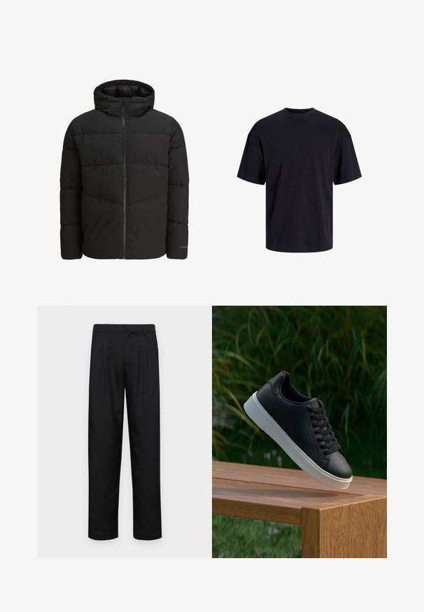 Giacca a vento nera con zip frontale, cappuccio integrato, design trapuntato e polsini elasticizzati. Presenta un logo discreto sulla manica.; T-shirt in cotone nero con collo rotondo, maniche corte e vestibilità morbida. Texture liscia senza pattern o dettagli visibili.; Pantaloni neri realizzati in tessuto liscio, caratterizzati da un taglio dritto, due pieghe frontali e una vita standard con passanti per la cintura.; Sneaker in pelle nera con una texture liscia, suola in gomma bianca e sei grommet per i lacci, posizionata su una superficie di legno.