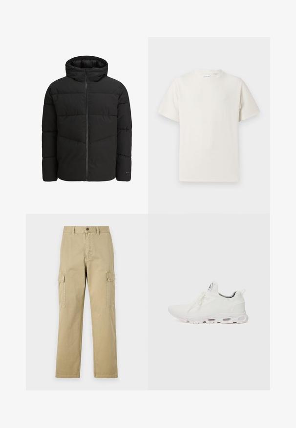 Musta toppatakki, jossa on vetoketjulla oleva etuosa, kiinteä huppu, tikattu muotoilu ja joustavat hihansuut. Hihassa on hillitty logo.; Valkoinen lyhythihainen T-paita ribbikuviossa. Pyöreä kaula-aukko, rento istuvuus, ei näkyviä kuvioita tai yksityiskohtia. Yksinkertainen ja monikäyttöinen muotoilu.; Beige cargo-housut, jotka on valmistettu puuvillasta, ja niissä on kaksi sivutaskua, napp Closure ja suorat lahkeet, joissa on hieman teksturoitu kangas.; Valkoiset urheilukengät, joissa on teksturoitu neulepinta, litteät nauhat ja pehmustettu pohja, jossa on näkyvät ilmakammiot lisätuen tarjoamiseksi.