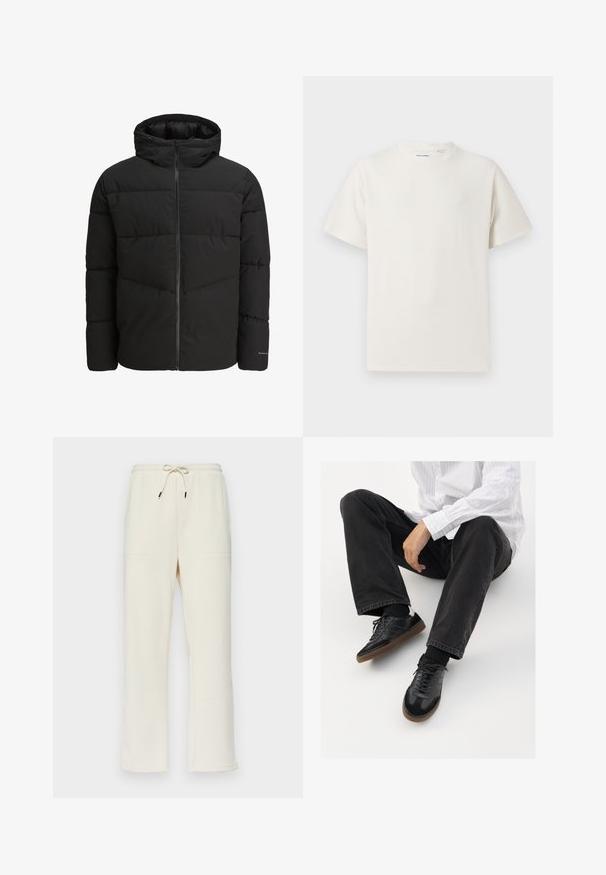 Musta toppatakki, jossa on vetoketjulla oleva etuosa, kiinteä huppu, tikattu muotoilu ja joustavat hihansuut. Hihassa on hillitty logo.; Valkoinen lyhythihainen T-paita ribbikuviossa. Pyöreä kaula-aukko, rento istuvuus, ei näkyviä kuvioita tai yksityiskohtia. Yksinkertainen ja monikäyttöinen muotoilu.; Valkoiset ribbihousut, joissa on naru vyötäröllä, kahdella sivutaskulla ja suora lahkeiden muotoilu.; Mustat tennarit, joissa on sileä ja teksturoitu päällyste, varustettuna kumipohjalla ja tummilla nauhoilla. Yhdistetty mustiin farkkuihin ja valko-raitaiseen paitaan.