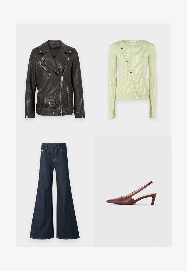 Must musta biker-jakk mustade tõmblukkudega taskutega, hõbedaste detailidega ja vööga taljes. Omab klassikalist asümmeetriat disaini ja tekstureeritud viimistlust.; Hele roheline ribadega kampsun ümmarguse kaeluse, pikkade varrukate ja diagonaalse nööpide kinnitusega, millel on kuldse tooni nööbid. Pehme tekstuur.; Tumedat sinavad teksad, mille sirge lõige, kõrge vöökoht, kuldne tikand ja kaks esitaskut nupuga.; Burgundy slingback kontsad, millepunktse varbaga, külgedel lõike üksikasjadega ja kesk kõrgusega plokknina. Sile nahkviimistlus.