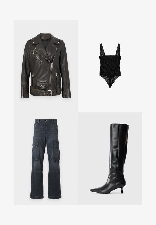 Svart läderbikerjacka med dragkedjefickor, silverfärgad hårdvara och bälte i midjan. Har en klassisk asymmetrisk design och texturerad yta.; Svart spetsbaddräkt med blommönster, breda band med texturerad kant och tryckknappar längst ner. Genomskinligt material med intrikat detaljering.; Mörkgrå cargobyxor i denim, med två sidofickor och en vida ben-design. Sömmar och kanter med stickad detalj.; Svart läderknähigh boot med spetsig tå och smal, böjd klack. Slät textur, åtsittande design och ingen synlig hårdvara eller mönster.
