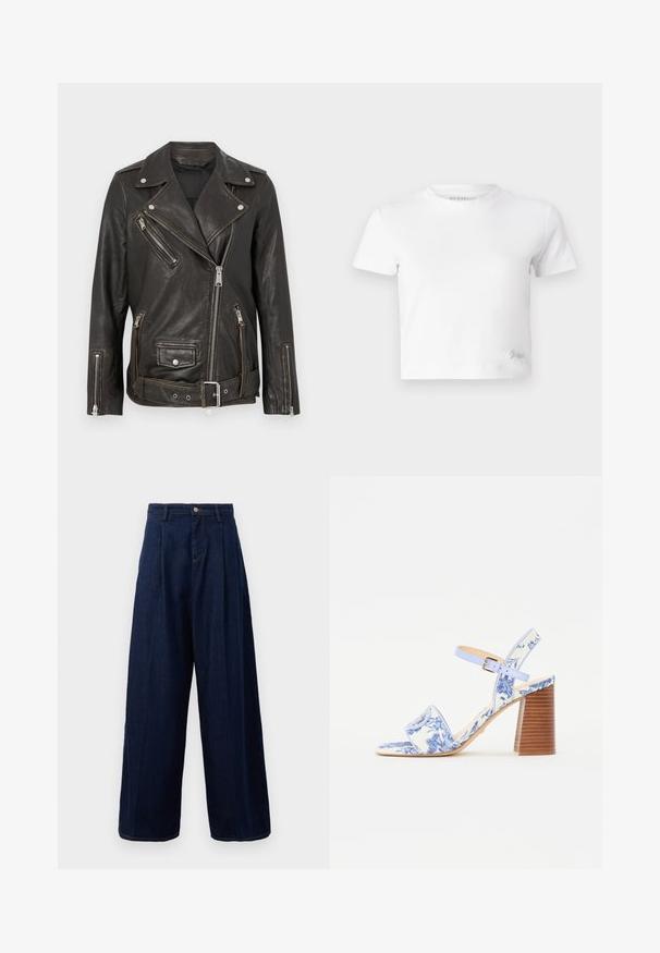 Černá kožená motorkářská bunda s zipovými kapsami, stříbrnými doplňky a opaskem v pase. Obsahuje klasický asymetrický design a texturovaný povrch.; Bílý zkrácený tričko z hladké bavlny, s vysokým výstřihem a krátkými rukávy. Malá vyšitá logo v dolním rohu.; Tmavě modré džíny s širokými nohavicemi a vysokým pasem, se sklady na přední části a klasickým zapínáním na knoflík, zahrnující boční kapsy a kontrastní švy.; Modré sandály s květinovým potiskem, čtveratou špičkou, širokým páskem a nastavitelným páskem kolem kotníku, s texturovaným dřevěným blokovým podpatkem.