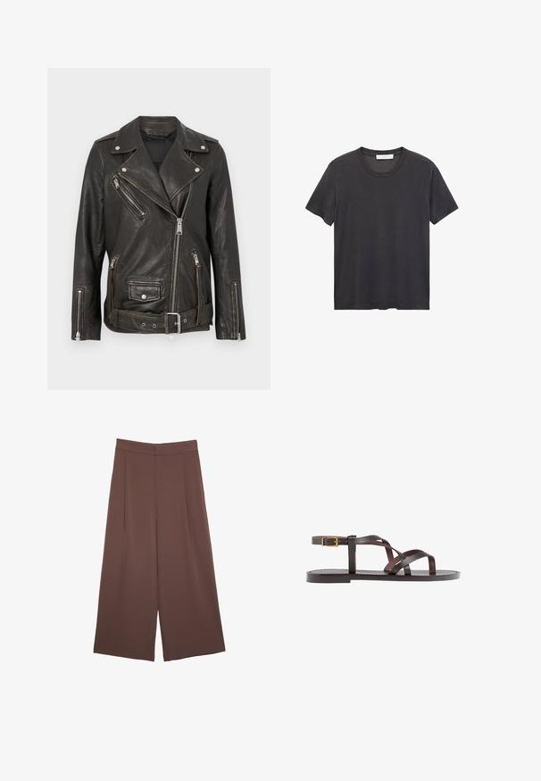 Črna usnjena motoristična bunda z zadrgami na žepih, srebrnimi dodatki in pasom. Ima klasično asimetrično obliko in teksturirano površino.; Črna majica s kratkimi rokavi in okroglo ovratnikom, izdelana iz mehkega bombaža. Ohlapen kroj, raven spodnji rob brez okrasnih elementov ali vzorcev.; Rjave široke hlače z gladko teksturo, ki imajo visok pas in sprednje naborke. Tkanina je lahka in prosto pada.; Rjav usnjen sandal z načinom prečnega črta, zaklepom okoli gležnja in ravnim podplatom z minimalnimi šivi.