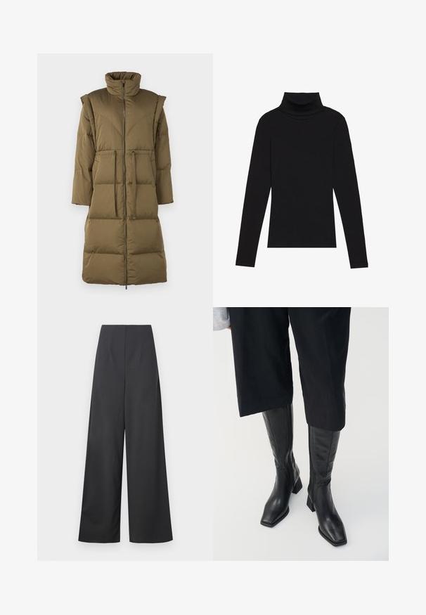 Olive green puffer coat with a high collar, front zip closure, and two front pockets. It features horizontal quilting and a relaxed silhouette.; Black turtleneck long-sleeve top, made of ribbed fabric, features a fitted design with a high neckline and no patterns or accents.; High-waisted, wide-leg trousers in dark gray fabric with a smooth texture. Features no visible pockets or embellishments.; Black leather knee-high boots with a square toe and a block heel. Features a side zipper and smooth texture.