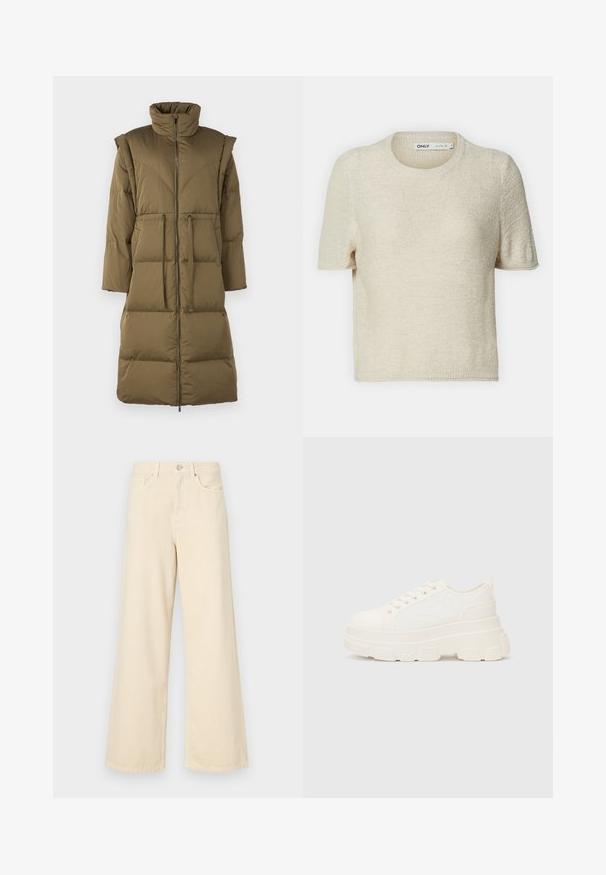 Olive rohelise värvi sulgedega jakk, millel on kõrge krae, esine tõmblukk ja kaks eesmist taskut. Sellel on horisontaalne tikand ja vaba siluett.; Beez värvi lühikeste varrukatega kudumine sviiter ümarkaelusega, millel on tekstuuriga muster ja mugav lõige. Valmistatud kergest kangast.; Bežid laiad teksad, mis on valmistatud puuvillast. Omab nööbilukku, vöökohakujusid ja eesmine taskuid, millel on sile ja pehme tekstuur.; Valge kangast tennis, millel on paks tald, ümar varvas ja viis augukeed lakkide jaoks. Tagumine silt lihtsaks jalga panemiseks. Sile tekstuur, minimalistik disain.