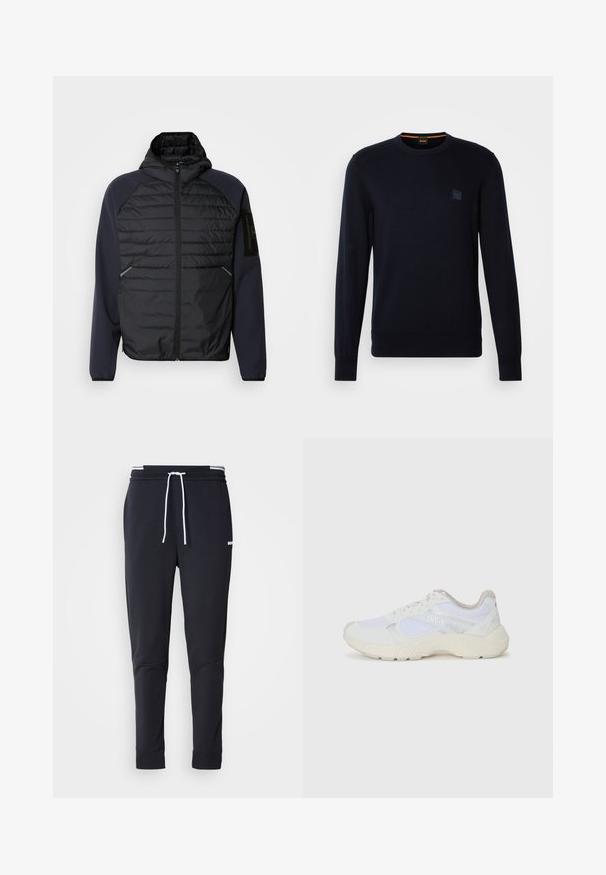 Kapucnis dzseki fekete steppelt elülső résszel, sötétkék ujjal, cipzáros záródással és oldalsó zsebekkel. Az ujján logós jelvény található.; Sötétkék kötött pulóver hosszú ujjakkal, kerek nyakkal, bordás mandzsettával és szegéllyel, kis négyzet alakú logóval a mellkason.; Fekete, slim-fit rakott nadrág fehér zsinórral, elasztikus derékpánttal, fehér csíkokkal, és kisebb fehér logóval a comb felső részén.; Fehér sportcipők, amelyek hálós és velúr anyagból készültek, texturált középtalppal, texturált részletekkel és a "HUGO" logóval az oldalon.