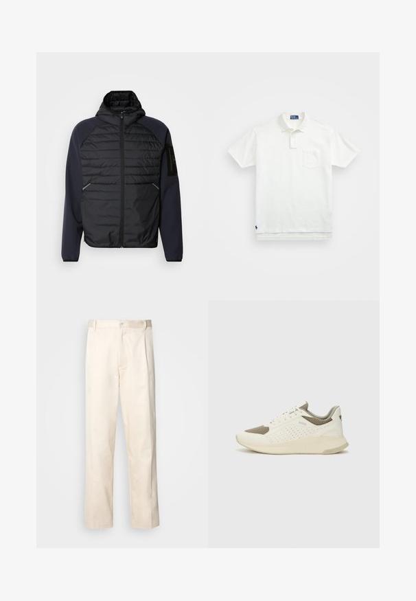 Kapišoninė striukė su juodu raiteliu priekyje, tamsiai mėlynomis rankovėmis, užtrauktuku ir šoninėmis kišenėmis. Rankovėje yra logotipo patch.; Balta polo marškiniai pagaminti iš medvilnės, su klasikiniais kraštais, trijų mygtukų sprandeliu ir kairiuoju krūtinės kišeniu; mažas logotipas apačioje.; Bežinės medvilninės kelnės su tiesiu kirpimu, turinčios mygtuko uždarymą ir priekyje raukšles papildomai dekoratyviam akcentui.; Baltas ir šviesiai bežinis sportinis kedas, su tinklo viršumi, perforuotais detalėmis ir tekstūruotu tarpine su logotipu ant kulno.