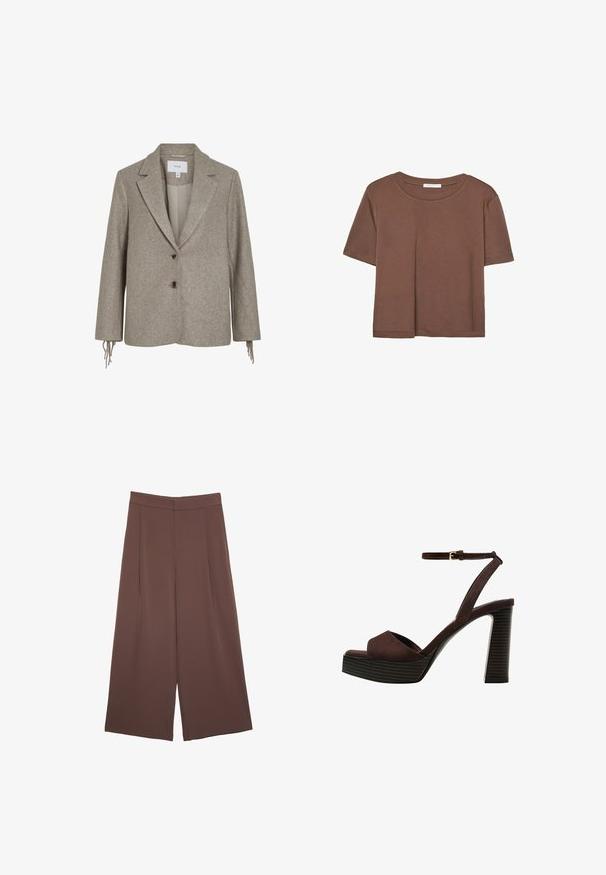 Svetlo šedý vlnený blejzer s uhlovými klopami, dvoma prednými gombíkmi a strapcovými detailmi na rukávoch. Textúrovaná tkanina s mierne štruktúrovaným strihom.; Hnedé tričko s krátkym rukávom vyrobené z jemného materiálu, s okrúhlym výstrihom a voľným strihom. Žiadne viditeľné vzory ani akcenty.; Hnedé nohavice so širokými nohavicami a hladkou textúrou, s vysokým pásom a prednými skladmi. Tkanina je ľahká a voľne sa pohybuje.; Hnedé semišové sandále na vysokom podpätku s otvorenou špičkou, nastaviteľným členkovým remienkom a pruhovanou platformovou podrážkou.