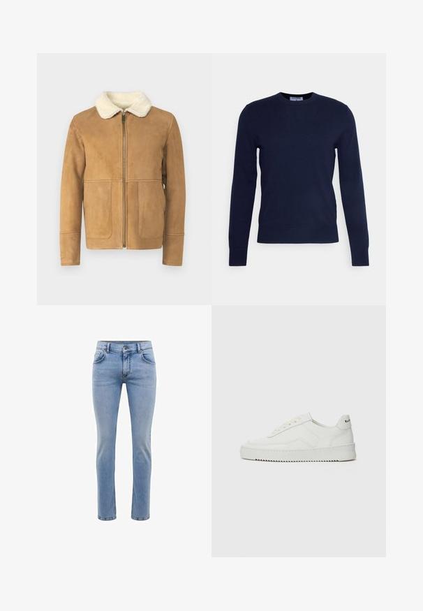 Tan suede jacket with a faux shearling collar, zip front, and two front pockets. Smooth texture, tailored fit, minimal stitching details.; Navy blue crew-neck sweater made of soft fabric, featuring long sleeves and a ribbed hem. No visible patterns or embellishments.; Light blue denim jeans with a slim fit, five pockets, and a straight leg design. Features a zipper fly and belt loops. Soft texture.; White leather sneaker with a smooth finish, round toe, flat laces, and a textured sole. Features a subtle logo on the heel.