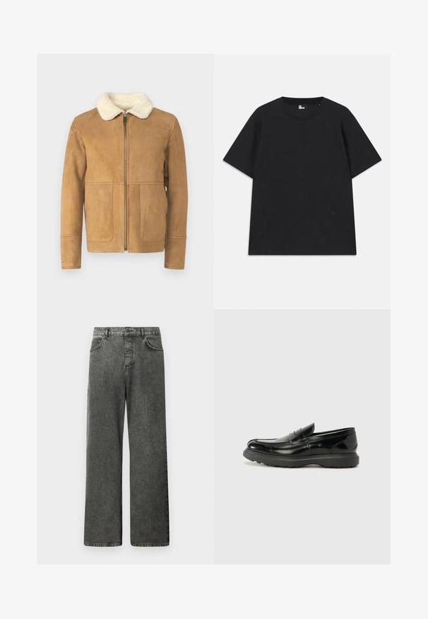 Homokszínű nubuk dzseki műszőrme gallérral, cipzáras elől, és két első zsebbel. Simább textúra, testhezálló szabás, minimális varrási részletek.; Fekete, rövid ujjú pamut póló, kerek nyakkivágással és egy kis logórészlettel az alján. Sima textúra, normál szabás.; Fekete, széles szárú farmernadrág elülső és hátsó zsebekkel, övbújtatókkal, és gombos derékzárral.; Fekete bőr loafer, fényes felülettel, kerek orral, diszkrét varrási részletekkel és vastag gumitalppal a tartósság érdekében.
