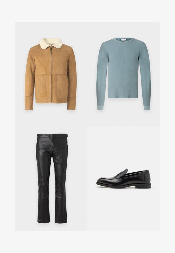 Homokszínű nubuk dzseki műszőrme gallérral, cipzáras elől, és két első zsebbel. Simább textúra, testhezálló szabás, minimális varrási részletek.; Világoskék, hosszú ujjú ing, bordázott textúrával és kerek nyakkal. Illeszkedő mandzsettákkal rendelkezik, és egy egyszerű márkajelzés található a galléron.; Fekete bőrnadrág egyenes szárú kialakítással, cipzáras zsebekkel, térdvédőkkel és állítható derékrésszel. Sima textúra.; Fekete bőr loaferek sima textúrával, kerek orral és dekoratív pánttal a vampnál. Alacsony, rétegelt sarkú, minimalista dizájn.