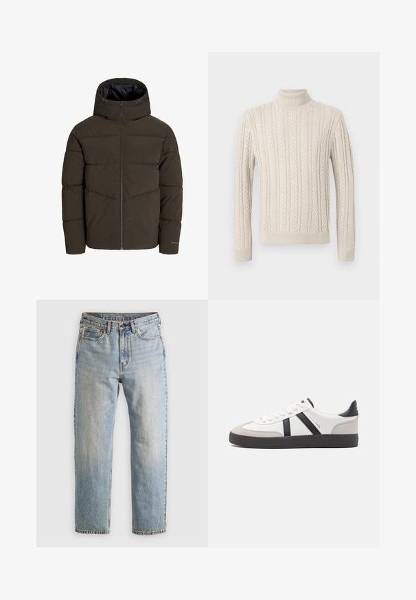 Puffatakki tumman oliivinvihreänä, jossa on koko edestä avautuva vetskari, huppu ja tyylitelty päällinen, jossa on vinot saumaratkaisut.; Beige, neulepaita, jossa on korkea, ribattu poolokaulus. Sen pinnassa on teksturoitu nuppineulesuunnittelu ja ribatut hihansuut sekä helma, mikä luo kotoisan ilmeen.; Vaaleansininen farkut, joissa on korkea vyötärö, etunappi, vetoketju ja viisi taskua, asetettu tasaisesti neutraalille taustalle.; Valkoiset lenkkarit mustilla ja harmailla yksityiskohdilla, joissa on teksturoitu harmaa kärki, musta kumipohja ja litteät valkoiset nauhat. Siisti muotoilu, minimalistinen tyyli.