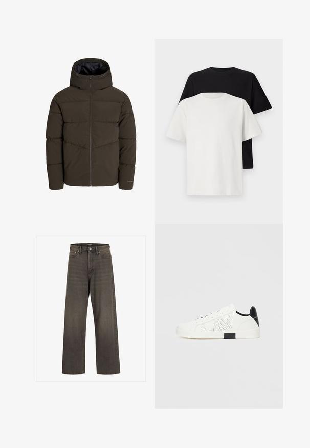 Casaco puffer em verde oliva escuro, com fecho de correr na frente, capuz e textura acolchoada com detalhes em costura inclinada no corpo.; Conjunto de t-shirts em algodão, com uma preta e uma branca, ambas com mangas curtas, decote redondo e corte standard. Tecido texturizado.; Jeans de perna larga em denim cinza escuro, com cintura alta, design clássico de cinco bolsos e costura em contraste ao longo das costuras.; Ténis brancos com design perfurado, detalhe preto no calcanhar e sola de borracha branca. Apresenta atacadores e logotipo na lateral. Textura de couro suave.