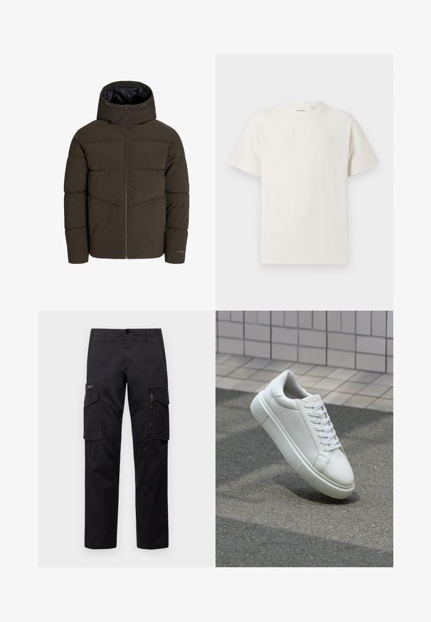 Chaqueta de plumas en verde oliva oscuro, que cuenta con un cierre frontal completo, capucha y textura acolchada con detalles de costura en ángulo en el cuerpo.; Camiseta blanca de manga corta en textura acanalada. Cuello redondo, corte relajado, sin patrones ni acentos visibles. Diseño simple y versátil.; Pantalones cargo negros con múltiples bolsillos, un bolsillo con cremallera en el muslo, corte recto y tejido de algodón resistente con un ligero brillo.; Zapatilla de cuero blanca con una superficie lisa, punta redonda y cordones blancos planos. Presenta una suela de goma texturizada y elementos de diseño mínimos.