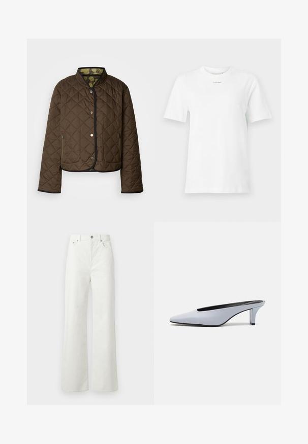 Quiltet brun jakke med sort kant, med høj krave, trykknapper og to lynlåslommer på siden. Indersiden har et mønstret foer.; Hvid bomulds t-shirt med rund hals, korte ærmer og et lille sort "Calvin Klein" logo på brystet. Enkel design uden mønstre.; Samsøe Samsøe SHELLY - Jeans Relaxed Fit - clear cream; Lys blå patentlæder mule med spids tå, lav gennemsigtig hæl og et elegant design med udskæring ved vamps.