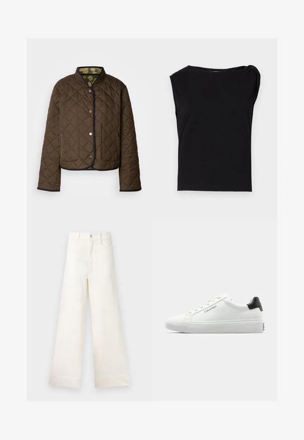 Brązowa kurtka pikowana z czarnymi detalami, z wysokim kołnierzem, snapami oraz dwoma zamykanymi na zamek bocznymi kieszeniami. Wewnętrzna część ma wzorzystą podszewkę.; Czarny top z krótkim rękawem wykonany z gładkiego materiału. Ma okrągły dekolt i drapowane detale na ramieniu. Prosty, dopasowany krój.; Szerokie spodnie w jasnym beżowym kolorze wykonane z bawełny. Charakteryzują się wysokim stanem, kieszeniami z przodu oraz prostym krojem. Czyste wykończenie brzegów bez wzorów.; Białe sneakersy o gładkim wykończeniu, z czarnym akcentem na pięcie i sznurowanym zapięciem. Posiadają branding "Calvin Klein" po bokach. Styl minimalistyczny.