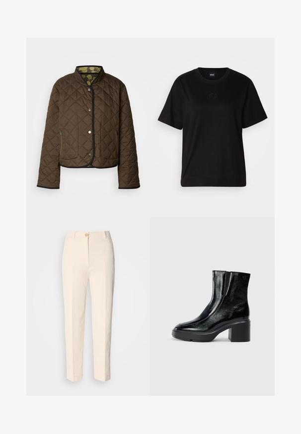 Kootud pruun jakk mustade detailidega, millel on kõrge krae, nööbid ja kaks tõmblukuga külgtaskut. Sisepind on mustriga voodriga.; Mustmust särk, millel on ümar kaelus, lühikesed varrukad ja tindiga tikitud logo rinnal. Lihtne, mugav lõige ilma mustriteta.; Kreemikas värvi kõrge vöökohaga püksid, mis on valmistatud tekstureeritud kangast. Omab esFront nuppude sulgemist ja kitsenevaid jalgu.; Mustmustest must paeltega särkide, millel on kõver varvas, elastsed külgpaneelid ja jäme plokkpealse. Tagaküljel on reljeefne logo.