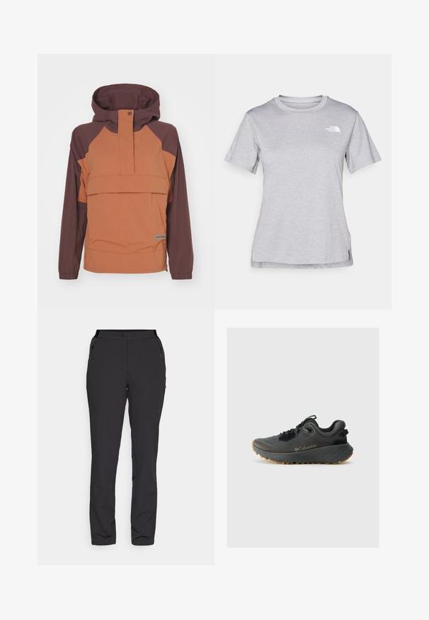 Oranž ja pruun kapuutsiga spordijakk, millel on eesmine tasku, elastsed mansetid ja logo alumises servas. Valmistatud kergetsest kangast.; Hall juppuvarrega, pehmeast, niiskust eemaletõukavast kangast lühikeste varrukatega hall T-särk. Omab ümarat kaelust ning väikest valget logo vasakul ülal.; Mustad must outdoor püksid, mis on valmistatud kergest kangast, omavad sirget sääremudelit, lukuga küljetaskuid ja reguleeritavat vööd.; Columbia TERRASTRIDE CRZ - Matkajalatsid - shark/black