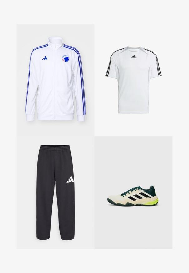 Witte sportjack met blauwe strepen, rits aan de voorkant en logo. Gemaakt van gladde stof, met ribgebreide manchetten en zoom.; Witte sportieve t-shirt met korte mouwen en zwarte Adidas drie-strepen accenten op de schouders, gemaakt van gladde, lichte stof.; Zwarte trainingsbroek met een relaxte pasvorm, voorzien van een elastische tailleband en een wit geometrisch logo op het linkerpand. Soepele stoftextuur.; Tennisschoenen met een crèmekleurige bovenkant, zwarte strepen, groene accenten en een gestructureerde rubberen zool voor grip. Gemaakt van synthetische materialen.