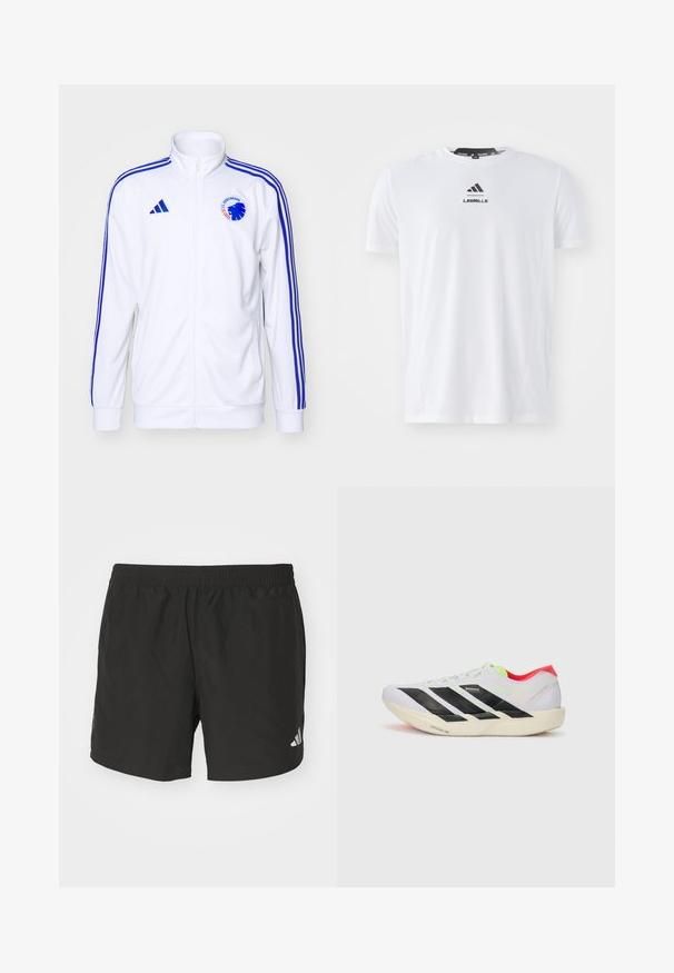 Witte sportjack met blauwe strepen, rits aan de voorkant en logo. Gemaakt van gladde stof, met ribgebreide manchetten en zoom.; Witte sportt-shirt van lichtgewicht stof. Heeft een ronde hals, korte mouwen en een zwart "LES MILLS" logo op de voorkant.; Zwarte sportieve shorts met een elastische tailleband, zijsplits en reflecterende logo-accenten. Gemaakt van lichte, gladde stof.; Witte hardloopschoen met zwarte strepen, neon groene accenten en een rode hak. Beschikt over een lichtgewicht ontwerp en een gestructureerde zool voor grip.