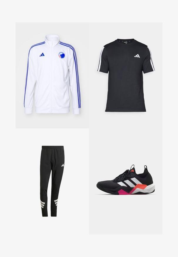 Valge spordijakk siniste triipude ja tõmblukuga ees, millel on logo. Valmistatud sileda kangaga, ribased mansetid ja äär.; Mustvalge T-särk puuvillast, lühikeste varrukatega, millel on valged triibud õlgadel ja valge logo vasakul rinnal.; Mustad mustreeritud mustad sportpantsid elastse vöökohtaga, mille alumistel jalgadel on peegeldavad valged aksendid triibumustrites. Valmistatud siledast kangast.; Mustaline spordijalats valgete triipudega, tekstureeritud ülemise osaga ja pehme tallaga, millel on oranžid, roosad ja valged aktsendid. Sidumisdisain koos tõmblukuga.