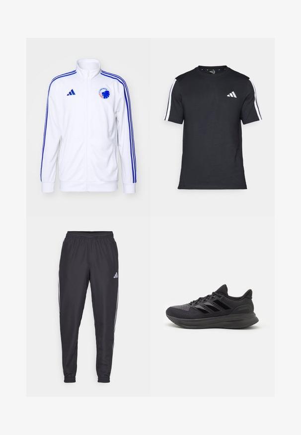 Biela športová bunda s modrými pruhmi, s predným zipsom a logom. Vyrobená z hladkej tkaniny, s rebrovanými manžetami a spodným okrajom.; Čierne tričko z bavlny s krátkymi rukávmi, s bielymi pruhmi na pleciach a bielym logom na ľavej hrudi.; Čierne športové nohavice s elastickým pásom, s bielymi pruhmi po bokoch a malým logom na boku. Hladká textúra.; Čierna športová obuv s textúrovaným vrchom, gumovou podrážkou a tromi lesklými čiernymi pruhmi po boku. Zaoblený špic a polstrovaná päta.