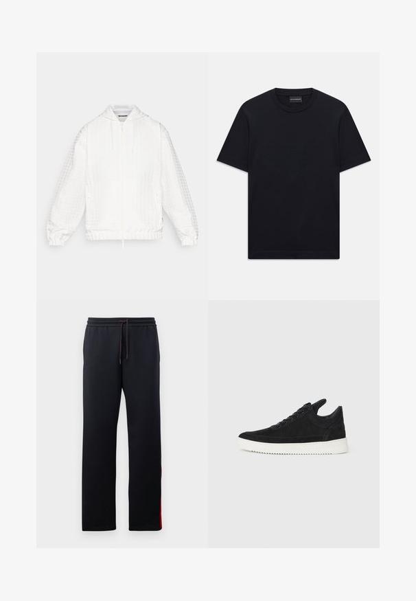 Balta zip-up striukė su tekstūriniu raštu. Yra gobtuvas, elastingi rankogaliai ir nustatomas raištelis. Lygi medžiaga su lengvu dizainu.; Juoda trumpo rankovės marškinėliai su apvalia iškirpte, su subtiliu iškilniu logotipo dizainu viduryje krūtinės ir ženklu vidinėje apykaklės pusėje.; Juodi sportiniai kelnių su raišteliu juosmenyje, siaurėjančiomis kojomis ir raudonomis akcentų juostelėmis šonuose. Minkšta, tampraus audinio struktūra su lygiu paviršiumi.; Juodų suede sportbačių su balta gumine padu, su toniniais siuvinėjimais ir raištelių užsegimu. Sklandus paviršius su šiuolaikine, laiko forma.