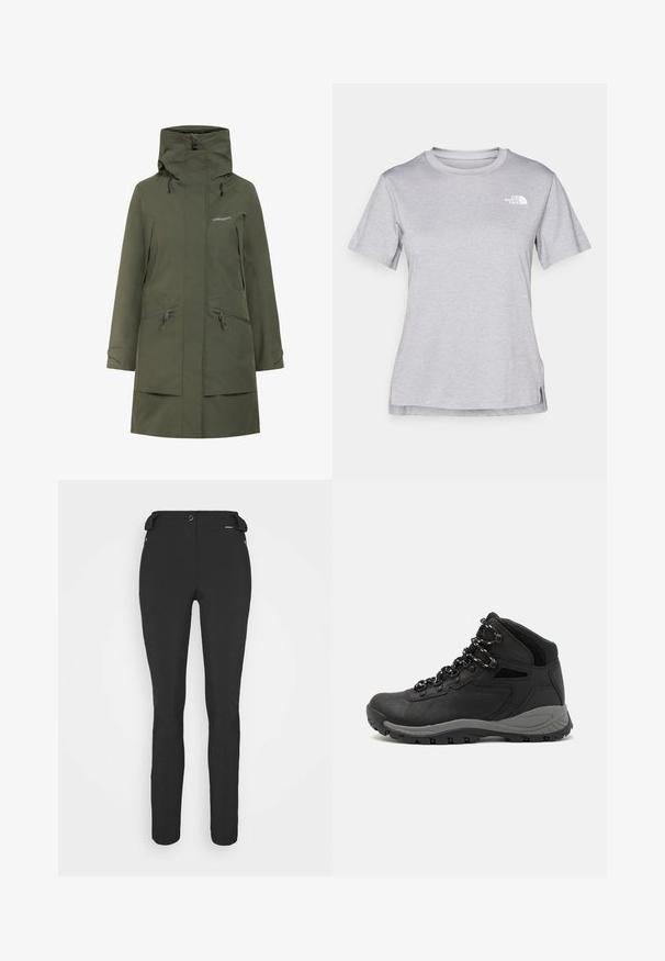 Parka impermeabile verde oliva con colletto alto, cappuccio regolabile e due tasche anteriori con zip. Il tessuto ha una superficie liscia.; T-shirt grigio a maniche corte realizzato in morbido tessuto traspirante. Presenta un collo tondo e un piccolo logo bianco nella parte superiore sinistra.; Pantaloni neri aderenti realizzati in materiale flessibile. Presentano una tasca laterale con zip, ginocchia articolate e una texture liscia.; Stivale da trekking nero con design a metà altezza, dotato di una tomaia texturizzata, accenti grigi e suola in gomma resistente con tasselli per la trazione.
