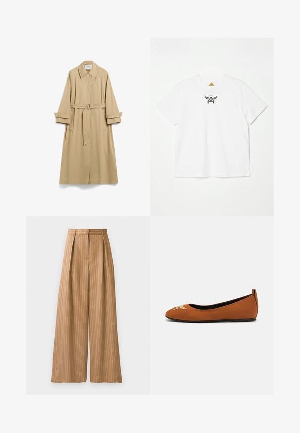 Palton bej dintr-un material neted, cu talie betelie, guler cu rever și buzunare laterale mari. Mâneci răsucite cu închideri cu capse.; Tricou din bumbac alb, cu un mic logo black cu aripi și "MCM" în centrul față. Design cu mâneci scurte și gât rotund.; Pantaloni largi dintr-un material bej cu dungi verticale albe. Prezintă pliuri la talie și o textură netedă.; Balerini maro din material neted, cu vârful rotund, având un design decorativ brodat pe vârf și un toc mic.