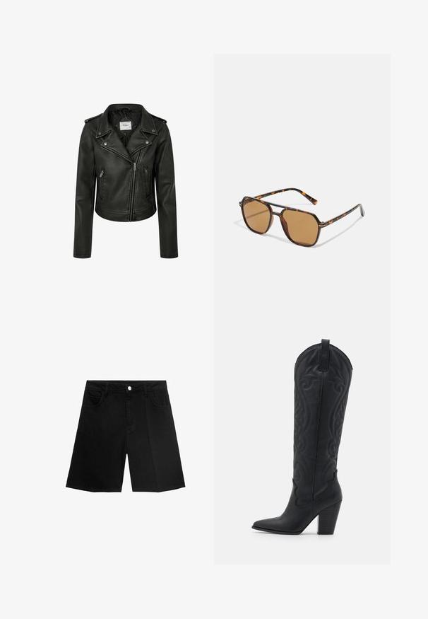 Črna umetna usnjena motoristična jakna s skrajšanim dizajnom, asimetričnim sprednjim zadrgo in zaponkami na ovratniku. Ima zadrgo na stranskih žepih.; Črna dolga pletena pulover z dolgimi rokavi, krojnim izrezom, rebrastimi manšetami in robom ter krajšo dolžino.; Črne jeans kratke hlače z ravnim krojem, petimi žepi in srebrnim gumbom za zapiranje. Gladka tekstura z minimalnimi detajli šivanja.; Zign Škornji v kavbojskem/motorističnem slogu - black; Sončna očala rjave barve s okvirjem iz želve, pravokotnimi lečami in ozkimi ročaji z oranžno poudarjeno vzorcem.; Črna usnjena torba v obliki zaboja z vrvico za zapiranje, ki ima na sprednji strani sijajni logo "CK" in zlate kovinske dodatke.