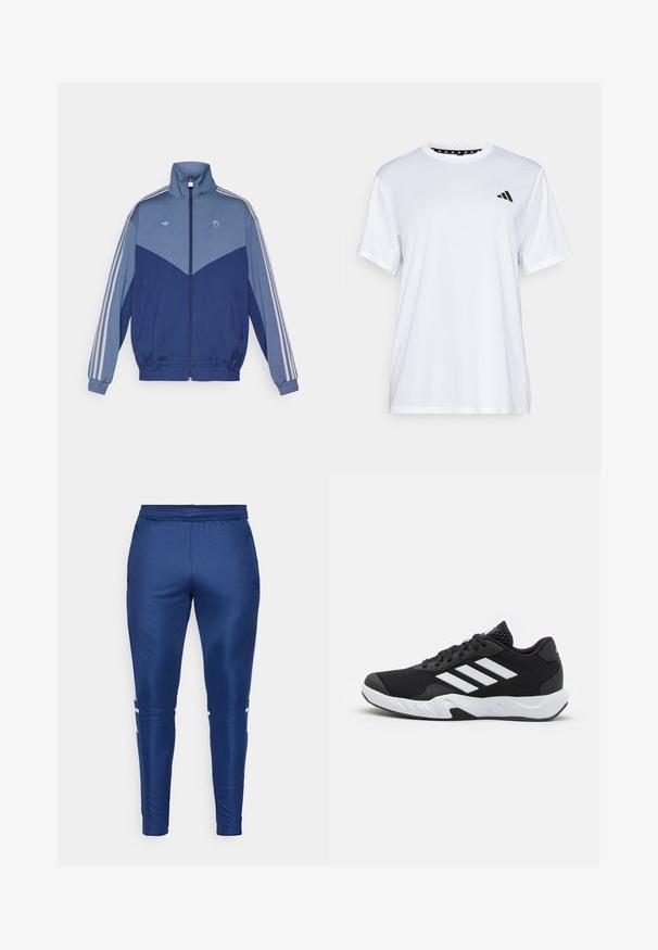 Casaco desportivo azul com gola alta, fecho zip e punhos elásticos. Apresenta um painel azul claro e três riscas brancas em cada manga.; Camiseta atlética branca de mangas curtas, feita de tecido que absorve a humidade. Apresenta um logótipo preto no lado esquerdo do peito e um decote interior com padrão.; Calças de atletismo azul-marinho com uma textura suave e elegante, apresentando riscas brancas nas laterais, uma cintura elástica e um design de perna afunilada.; Tenis negros desportivos com um superior em malha texturizada, riscas brancas de destaque, sola acolchoada e um calcanhar reforçado para suporte.